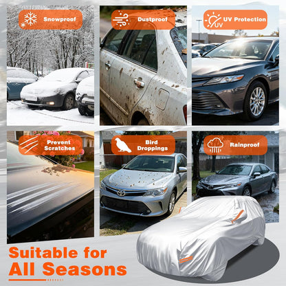 iCOVER Car Cover, Waterproof All Weather Car Covers for Honda Civic Toyota Corolla Chevy Cruze Kia Forte, Outdoor Full Exterior Cover with Detachable Tire Covers, Car Cover for Sedan, Fits up to 193"