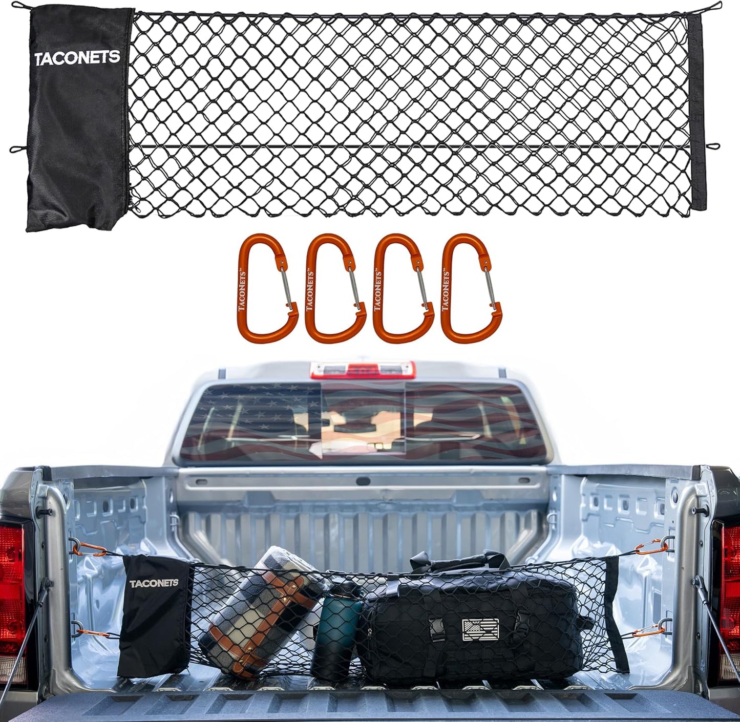 TacoNets Envelope Cargo Net for GMC Sierra & Chevy Silverado - Fits 2013-Current - Upgraded 5mm Bungee - Integrated Storage Bag - Heavy Duty Carabiners - Designed in USA