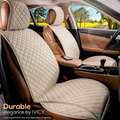 IVICY Faux Linen Front Car Seat Cover – Non-Slip Bucket Seat Protector for Most Cars, SUVs, Vans & Trucks – 1 Seat Cover, Machine Washable, Side-Airbag Friendly, Light Beige