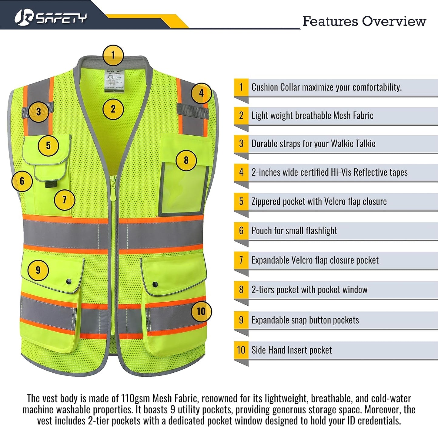 JKSafety 9 Pockets Class 2 High Visibility Zipper Front Safety Vest With Reflective Strips,Meets ANSI/ISEA Standard (Large, 150-Yellow) - Colors A