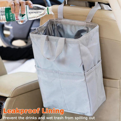Ginsco New Leak-Proof Travel Car Trash Bag, 3.5 Gallons Large Capacity Hanging Car Trash Can with Hook and Loop Lid and Handle, Multipurpose Trash Bin with Storage Pockets for SUV RV Camping (Black)