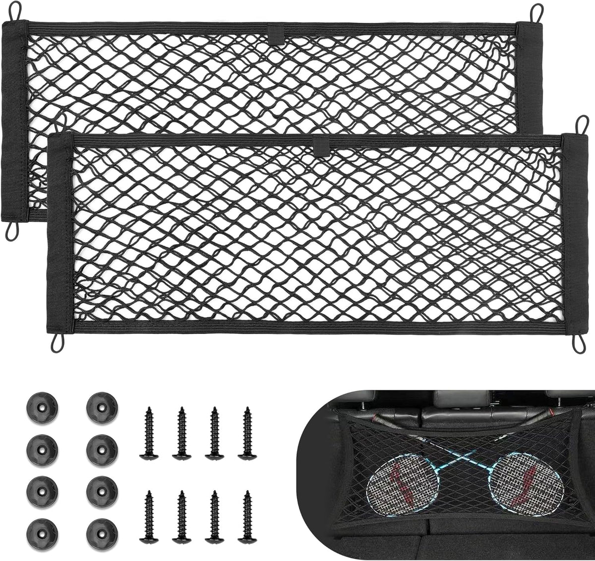 RED WOLF 2 Pcs Universal Cargo Net Pocket Elastic Mesh Netting Car Mesh Pouch for Trunk RV Boats Home Cargo Storage Mesh with Screws and Hooks (25.6'' x 9.8'')