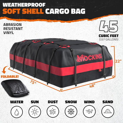 Mockins 25 CuFt Waterproof Rooftop Cargo Carrier Bag | 60"x43"x17" All-Weather 500D Soft-Shell Vinyl Car Top Carrier Without Roof Rack | Vehicle Soft-Shell Carriers with Roof Mat, Lock, Hooks & Straps
