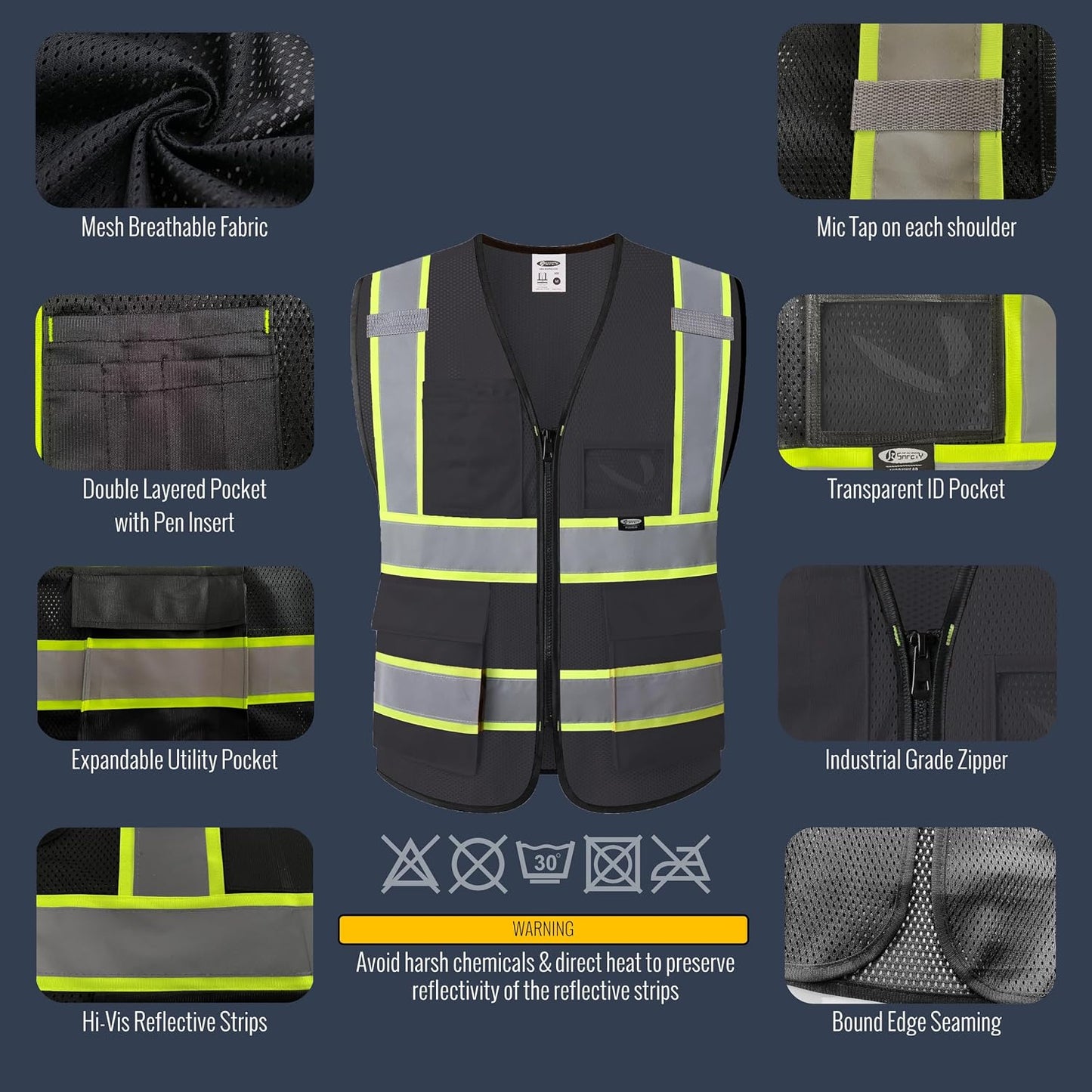 JKSafety Safety Vest for men women Hi Vis Reflective Vest with Pockets and Zipper High Visibility Meet ANSI Standard（BX320