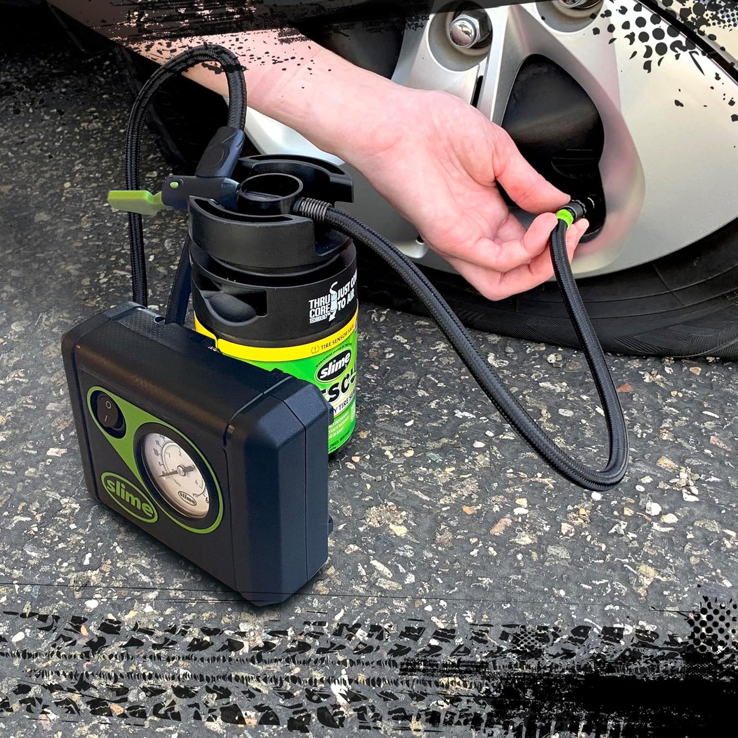 Slime 50107 Flat Tire Puncture Repair, Smart Spair, Emergency Kit For Car Tires, Includes Sealant And Tire Inflator Pump, Suitable For Cars And Other Highway Vehicles, 15 Min Fix
