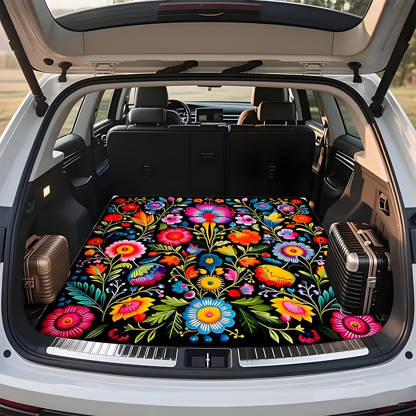 Universal Car Trunk Mat 29" x 39",Purple Colorful Flowers All Weather Trunk Protection Cargo Liner, Durable Cargo Mat Rear Trunk Liner,Stylish Vehicle Interior Accessories Suitable for Most Car Models