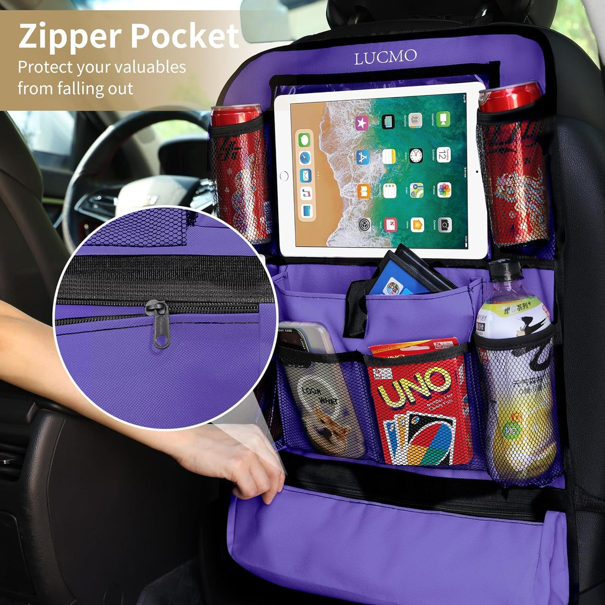 LUCMO Car Backseat Organizer with Tablet Holder,6 Storage Pockets Car Storage Organizer with Foldable Food Tray,Protectors Kick Mats Travel Accessories-Black