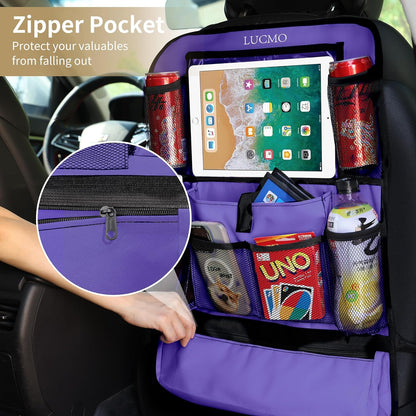 LUCMO Car Backseat Organizer with Tablet Holder,6 Storage Pockets Car Storage Organizer with Foldable Food Tray,Protectors Kick Mats Travel Accessories-Black