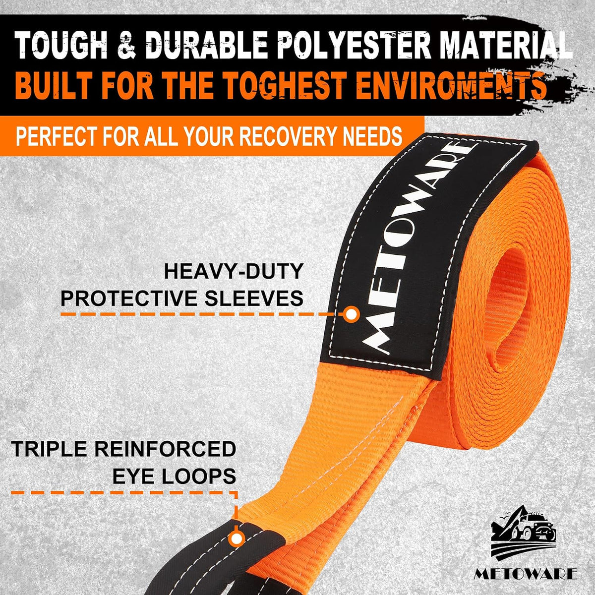 METOWARE Recovery Tow Strap Kit 3" x 20ft, Heavy Duty Recovery Strap 35,000lbs Break Strength with 3/4" D Ring Shackles(2pcs) & Storage Bag, Emergency Off Road Towing Rope for SUV, UTV, ATV, Truck