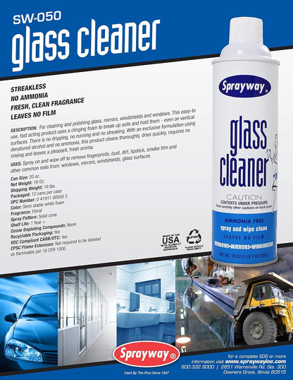 Sprayway Glass Cleaner with Foaming Spray for a Streak-Free Shine for Home and Automotive Use, 19 oz., Pack of 6