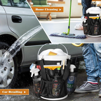 HODRANT 5 Gallon Bucket Organizer with Anti-fall Hooks & Buckle, Car Wash Bucket Caddy with Mesh Pockets, 5 Gallon Cleaning Tools Bag for Home, Auto, Garden & Fishing