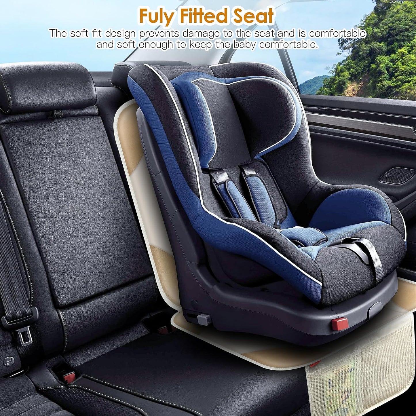 Sinvitron Car Seat Protector for Child Car Seat - Waterproof Non-Slip Leather Mat with 2 Mesh Pockets, Universal Seat Cover for Baby, Pets & Vehicles(2-Pack,Black)