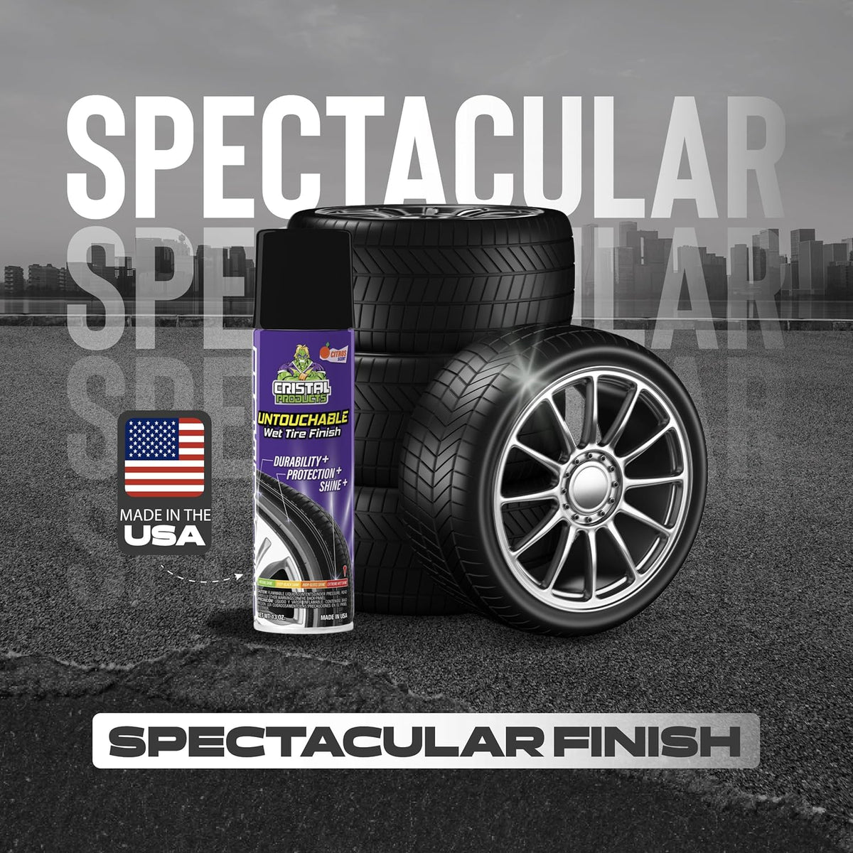 Cristal Products Untouchable Tire Shine Spray (1 Pack) – Citrus Scent, Wet Look Tire Shine, No Sling, Long Lasting Car Tire Shine, No Touch Application