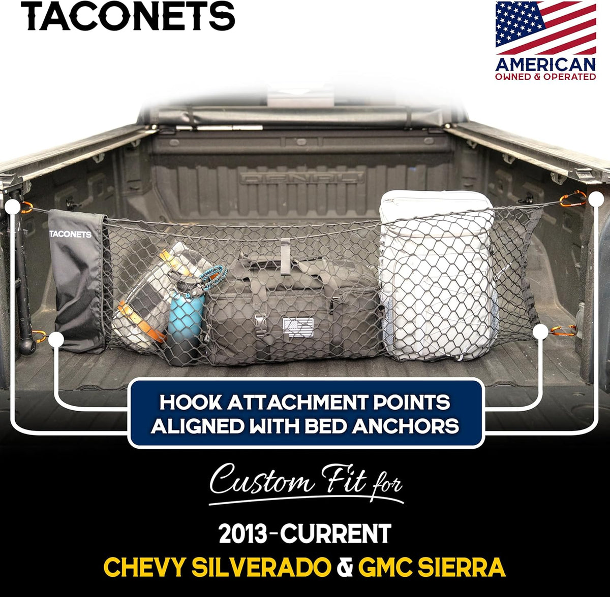 TacoNets Envelope Cargo Net for GMC Sierra & Chevy Silverado - Fits 2013-Current - Upgraded 5mm Bungee - Integrated Storage Bag - Heavy Duty Carabiners - Designed in USA