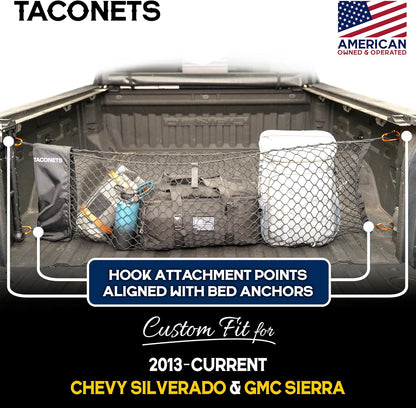 TacoNets Envelope Cargo Net for GMC Sierra & Chevy Silverado - Fits 2013-Current - Upgraded 5mm Bungee - Integrated Storage Bag - Heavy Duty Carabiners - Designed in USA