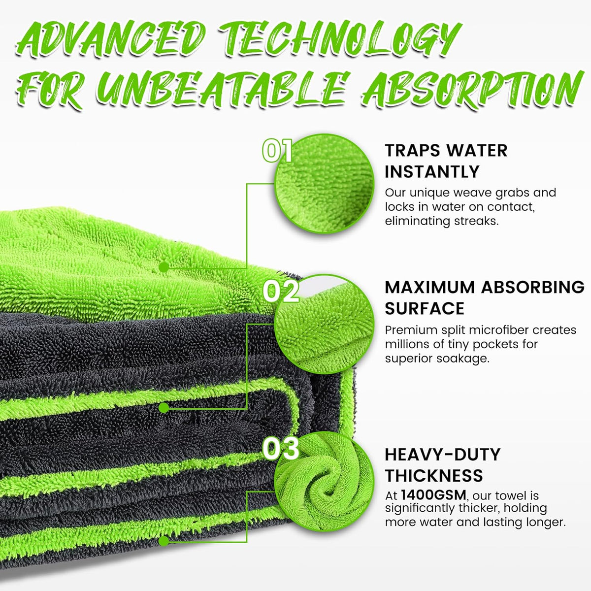 PUGPIU Microfiber Car Drying Towel Extra Large Super Absorbent 48"X24", 1400 GSM Flash Detail Car Wash Drying Towel Edgeless with Two Sided Soft Twisted-Loop, No Water Spots Streaks for Cars (Green)
