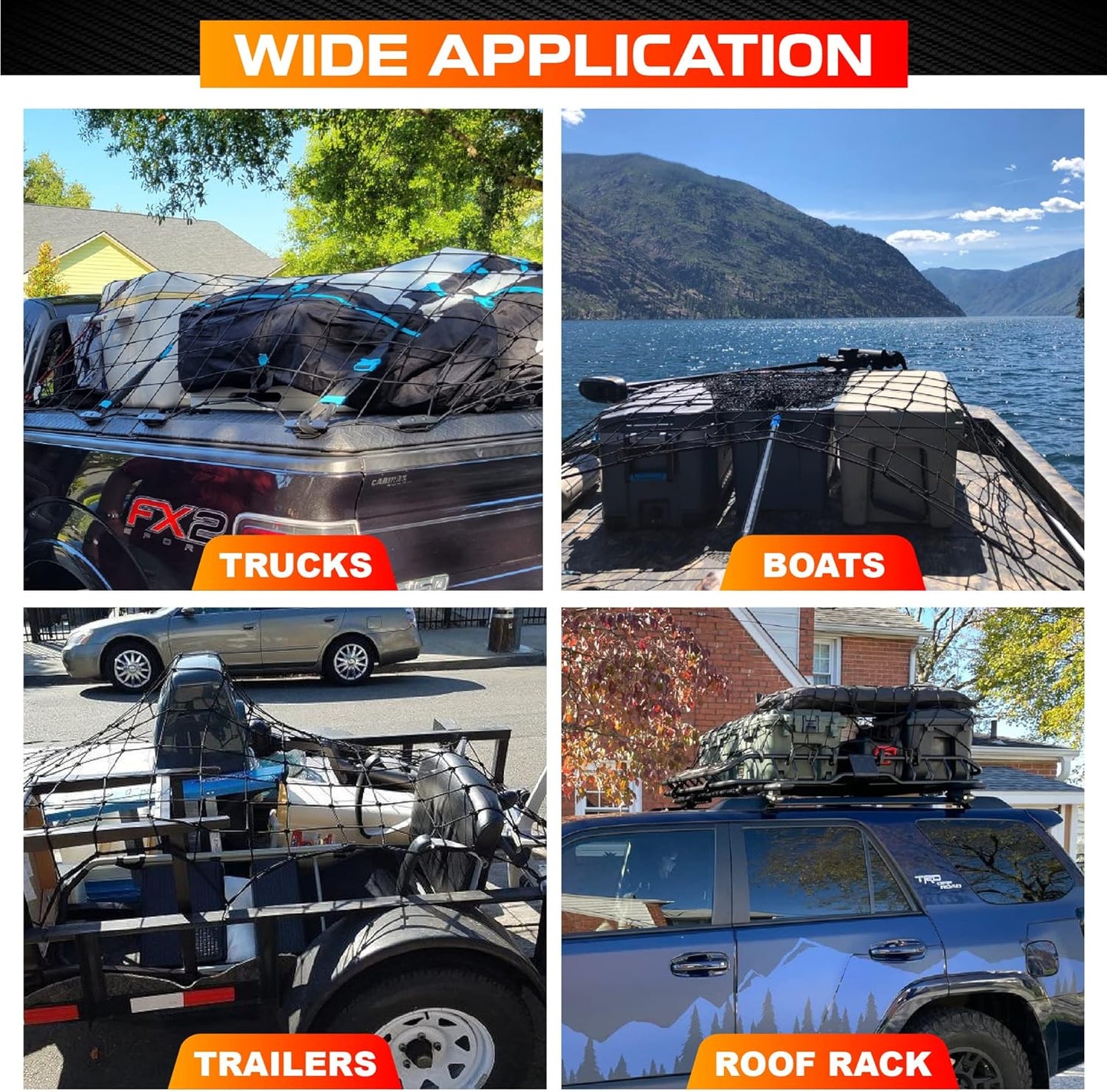 [Premium] 4'x6' Heavy Duty Cargo Net Stretches to 8' x 12', Extra Thick 10mm Cord Bungee Cargo Netting for Pickup Truck Bed, Roof Rack Net & 12 PCS Steel Carabiners