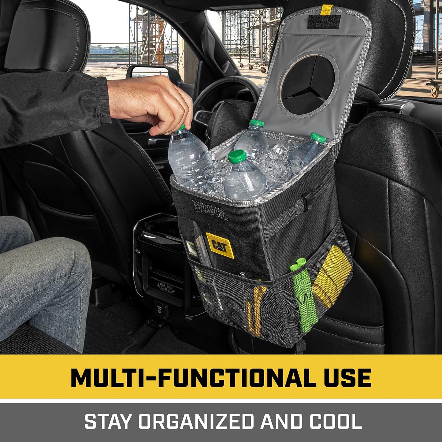 CAT® Car Trash Can & Ice Cooler – 2.4 Gallon Hanging Organizer with Anti-Spill Lid, Leak-Proof Waterproof Liner, Multi-Use Vehicle Bin for Cars, Trucks, SUVs – Heavy-Duty Travel Accessory