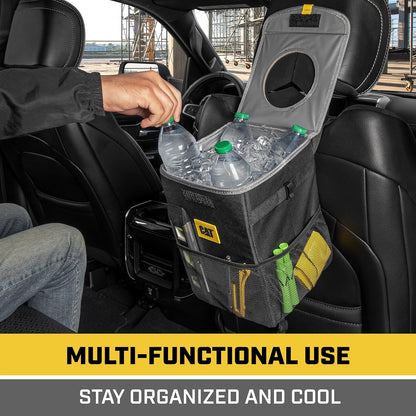 CAT® Car Trash Can & Ice Cooler – 2.4 Gallon Hanging Organizer with Anti-Spill Lid, Leak-Proof Waterproof Liner, Multi-Use Vehicle Bin for Cars, Trucks, SUVs – Heavy-Duty Travel Accessory