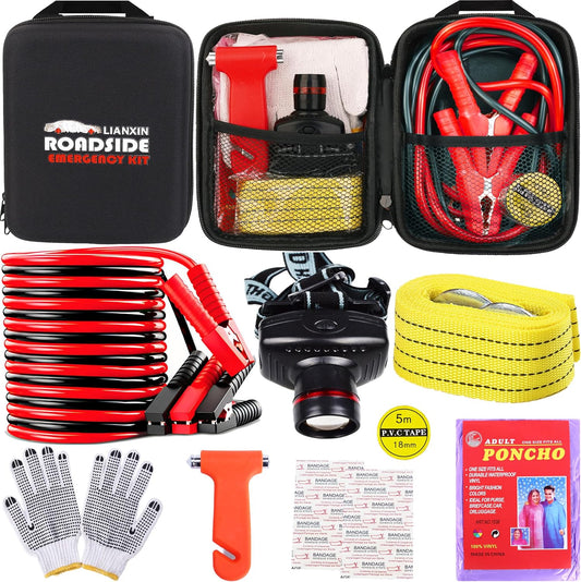 LIANXIN Car Roadside Emergency Kit, with Jumper Cables Automotive Kit,Car Safety Roadside Assistance Kit Headlamp,Tow Straps, Safety Hammers, Rainwear, Gloves.Black