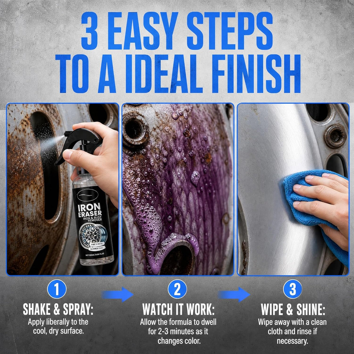 Iron Eraser Rust Remover Spray for Metal,Fast Iron Powder Remover Spray for Car Wheels, Paint & Metal Surfaces (2pcs)