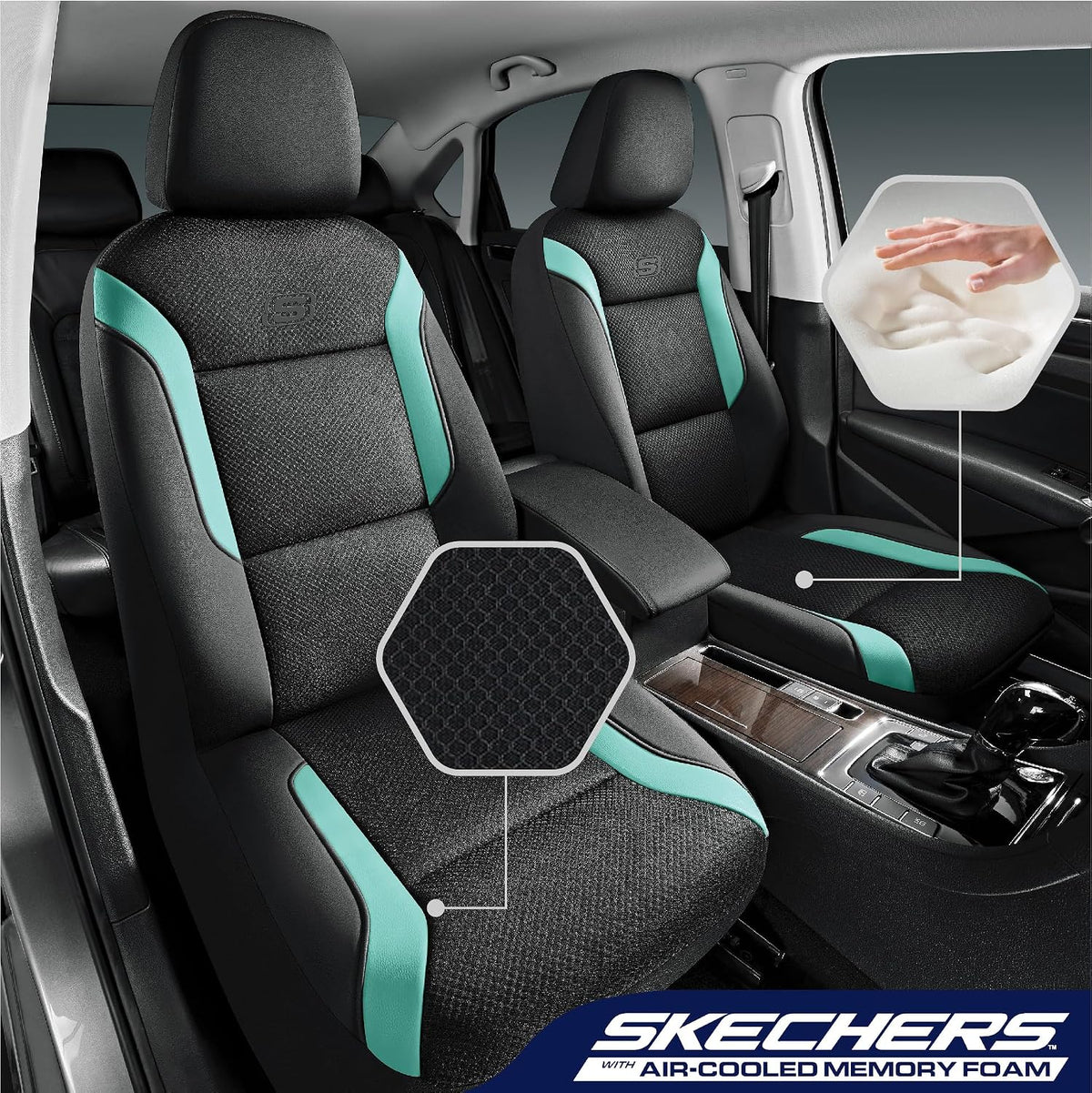 Skechers Memory Foam Seat Covers, Air Cool Mesh Thick Car Seat Covers, Car Seat Covers Front Seats Airbag Compatible, Universal Automotive Comfort for Most Cars, Vans, Trucks, SUV,Black