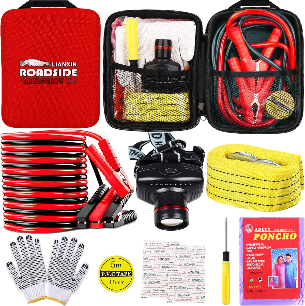 LIANXIN Car Roadside Emergency Kit, with Jumper Cables Automotive Kit,Car Safety Roadside Assistance Kit Headlamp,Tow Straps, Safety Hammers, Rainwear, Gloves.Black