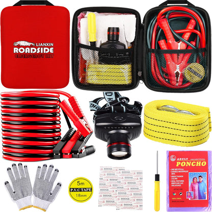 LIANXIN Car Roadside Emergency Kit, with Jumper Cables Automotive Kit,Car Safety Roadside Assistance Kit Headlamp,Tow Straps, Safety Hammers, Rainwear, Gloves.Black