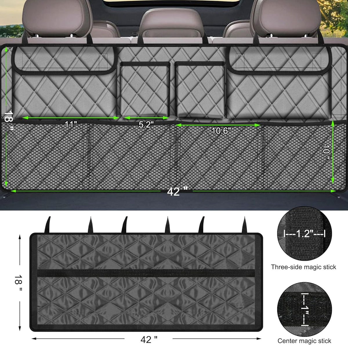 Femuar Car Trunk Organizer, Large Capacity Backseat Trunk Organizer (42"*18"), Collapsible Car Storage Bag with 8 Pockets, SUV/MPV/Truck - Black