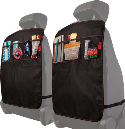 Lusso Gear Seat Back Protector - 2-Pack Kids Kick Mat & Car Seat Organizer - Waterproof Oxford Backseat Cover - 3 Mesh Pockets for Car Organization, Black