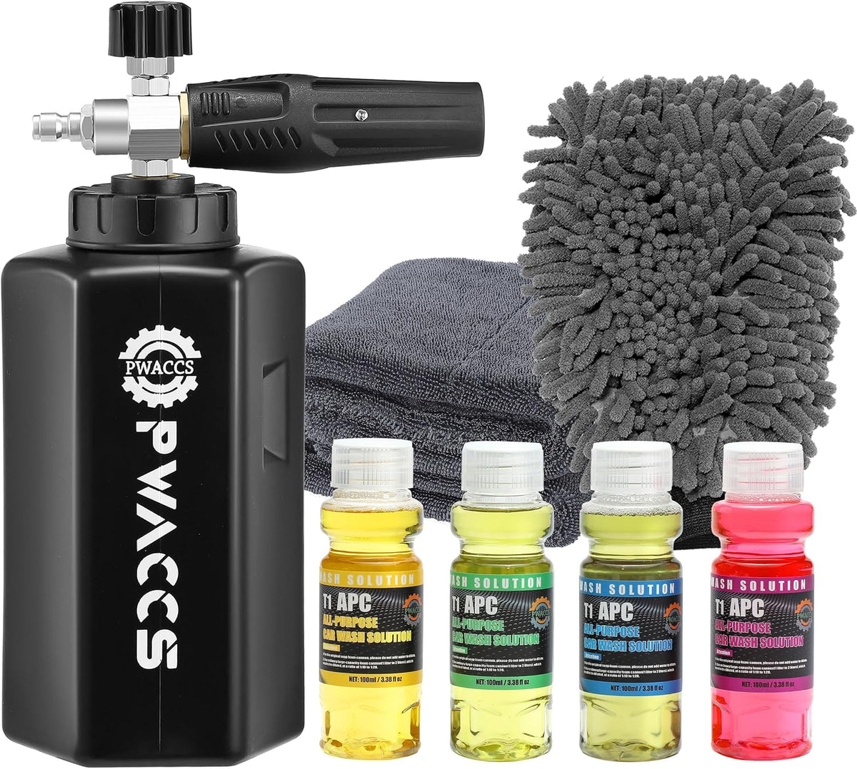 PWACCS Pressure Washer Foam Gun with Dual Connector Accessory, Short Power Washer Gun Foam Cannon and Double Tip Attachment Car Wash Kit, 1/4" Quick Connector, M22 Male Inlet, 4000 PSI, 1.5 Liter