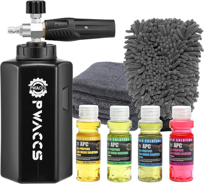PWACCS Pressure Washer Foam Gun with Dual Connector Accessory, Short Power Washer Gun Foam Cannon and Double Tip Attachment Car Wash Kit, 1/4" Quick Connector, M22 Male Inlet, 4000 PSI, 1.5 Liter