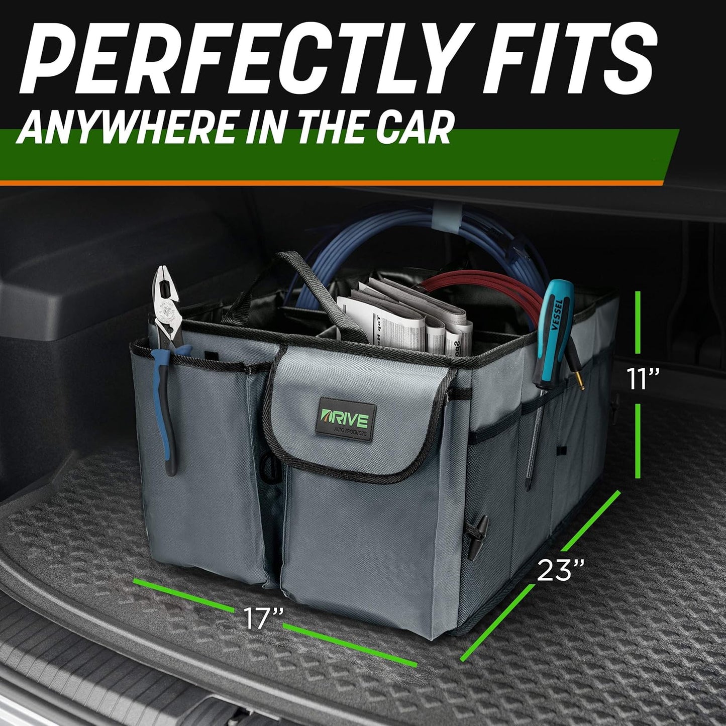DRIVE - Car Trunk Organizer - Collapsible, Multi-Compartment Automotive SUV Car Organizer for Storage w/Adjustable Straps - Truck & Car Accessories for Women and Men - Black