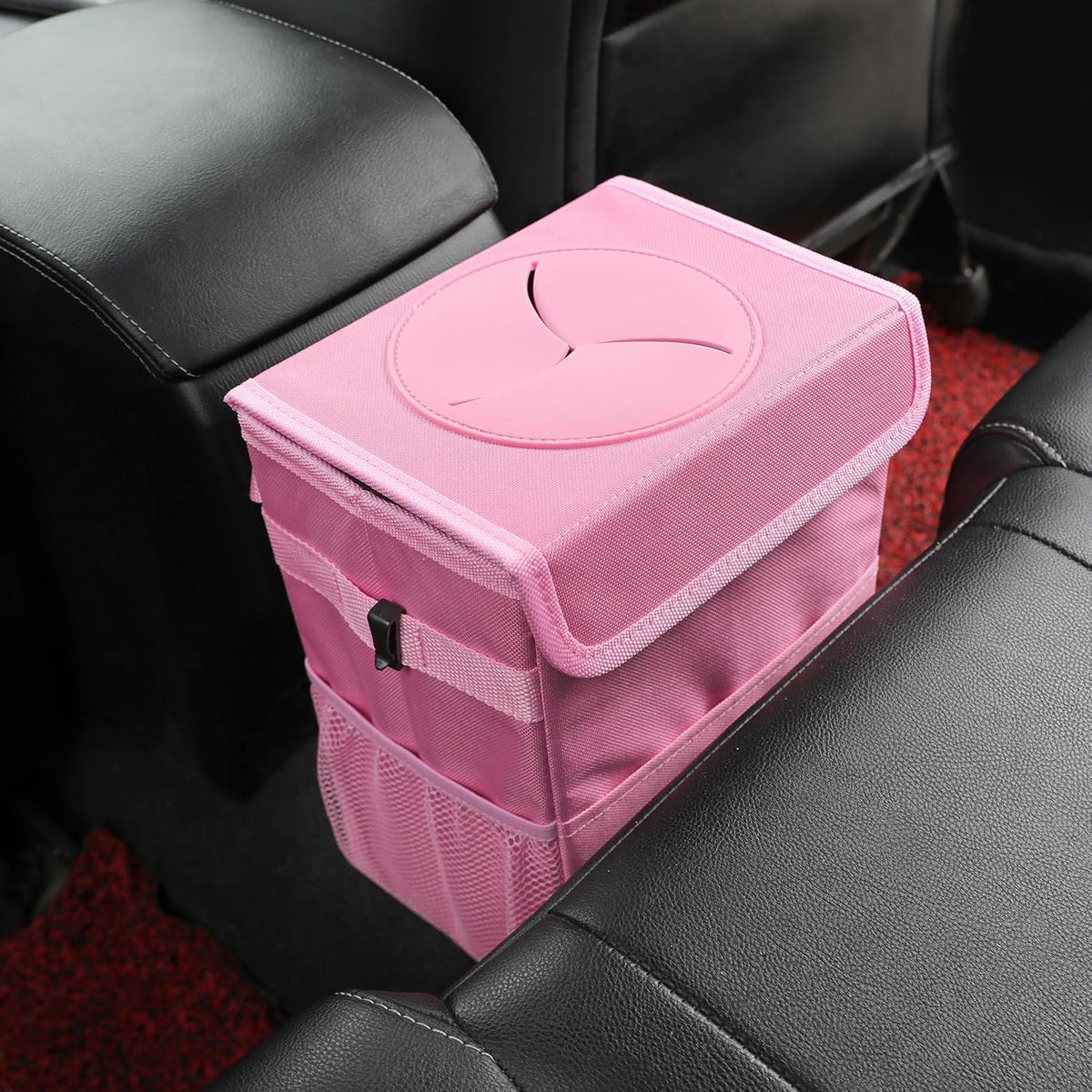 AOKJOY Car Garbage can with lid Leak Proof Vehicle Trash Can 3 Storage Pockets Hanging Waterproof car Trash Bag for SUV Beige