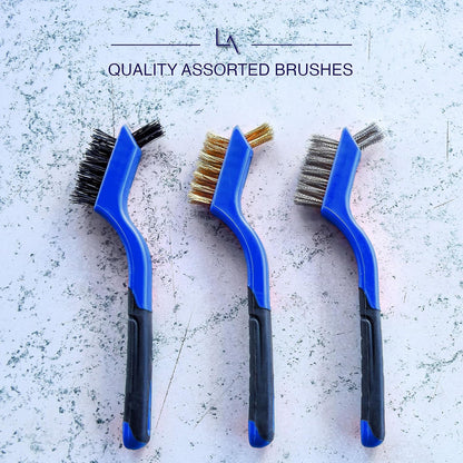 Lavaxon Wire Brush Set 3Pcs - Nylon/Brass/Stainless Steel Bristles with Curved Handle Grip for Rust, Dirt & Paint Scrubbing with Deep Cleaning – 7 Inches (Red)