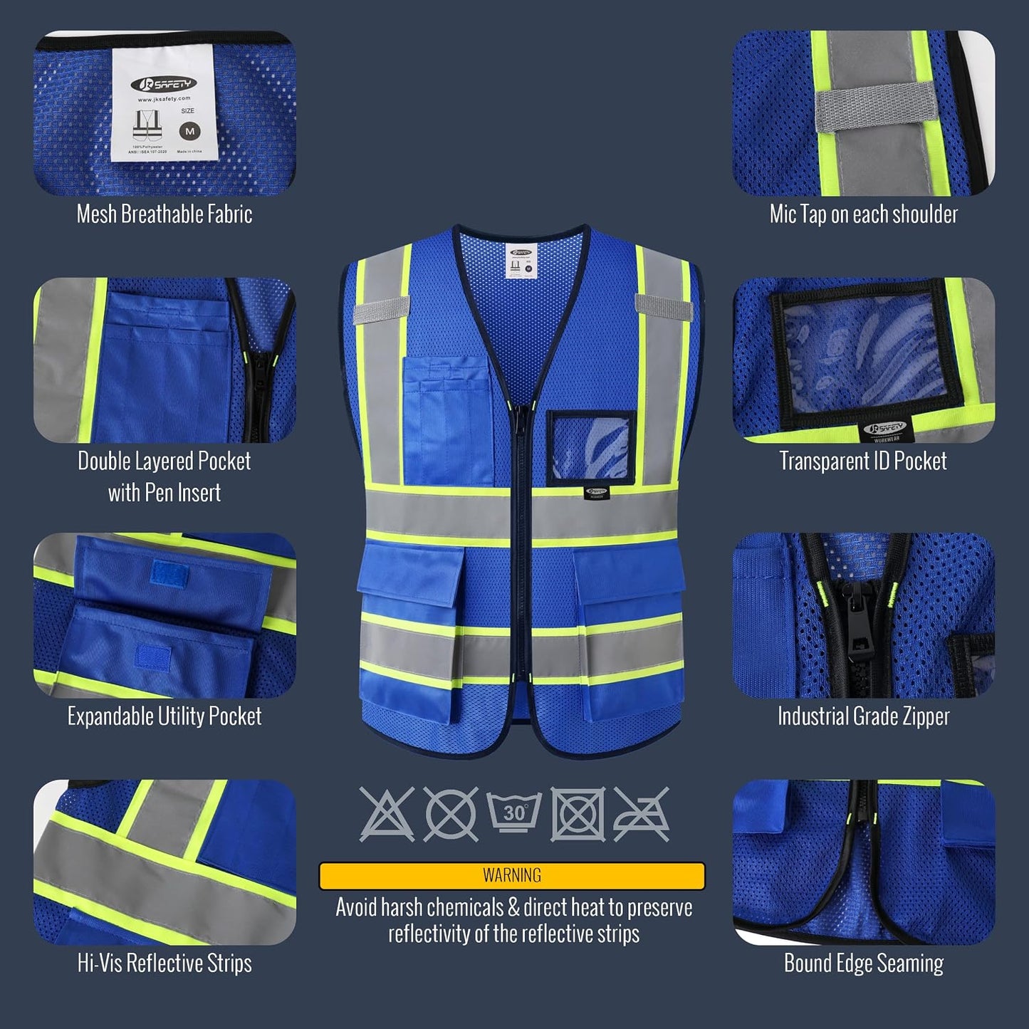 JKSafety Safety Vest for men women Hi Vis Reflective Vest with Pockets and Zipper High Visibility Meet ANSI Standard（BX320