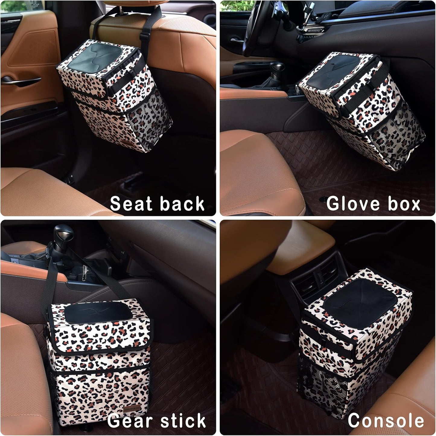 SIBOFUEGO Cute Car Trash Can with Lid – Multipurpose Collapsible Trash Bin for Car, Leak-Proof Organizer, Waterproof Garbage Can with Storage Pockets & Adjustable Straps, 2 Gallons (Black Leopard)