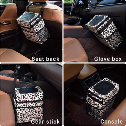 SIBOFUEGO Cute Car Trash Can with Lid – Multipurpose Collapsible Trash Bin for Car, Leak-Proof Organizer, Waterproof Garbage Can with Storage Pockets & Adjustable Straps, 2 Gallons (Black Leopard)
