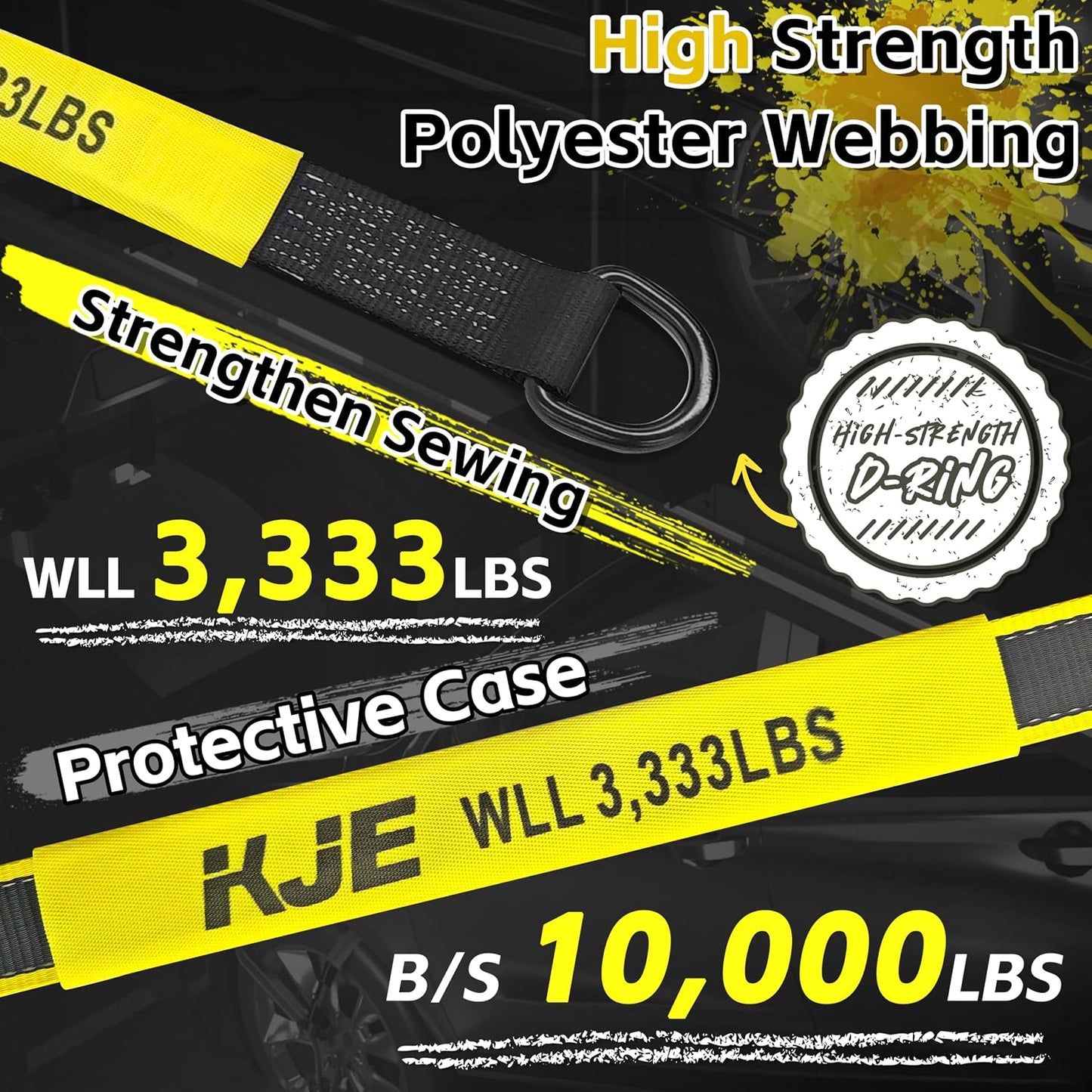 KJE 4 Pack Car Tie Down Straps for Trailers - Lasso Style Tire Ratchet Strap with J Finger Hooks - 2" x 10' 10,000LBS Break Strength - Wheel Straps for Hauling UTV, SUV, Truck, Any Cars