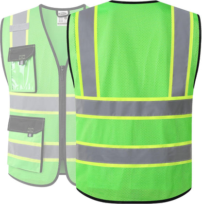 JKSafety Hi Vis Reflective Safety Vests for Men Women High Visibility Vest with Pockets Mesh Fabric Construction Safety Apparel Neon Vest for Work (220-Black L)