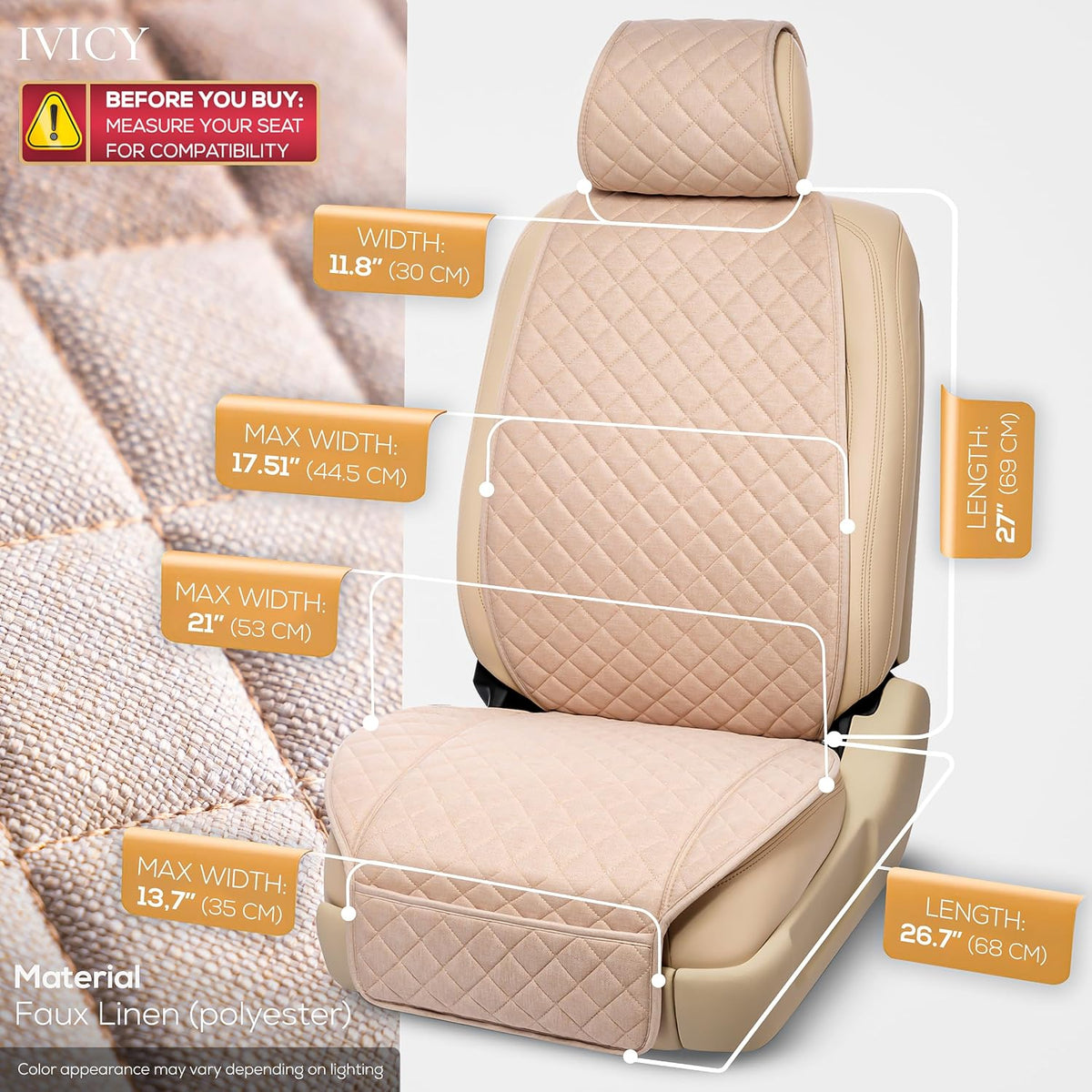 IVICY Faux Linen Front Car Seat Cover – Non-Slip Bucket Seat Protector for Most Cars, SUVs, Vans & Trucks – 1 Seat Cover, Machine Washable, Side-Airbag Friendly, Light Beige