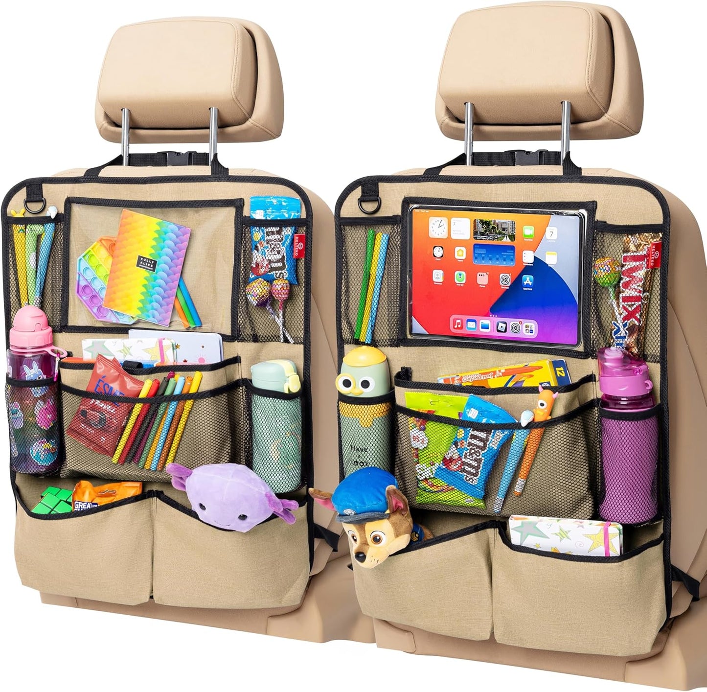 Helteko Backseat Car Organizer, Kick Mats Back Seat Protector with Touch Screen Tablet Holder, Organizer for Kids, Travel Accessories, Mat 9 Storage Pockets 2 Pack