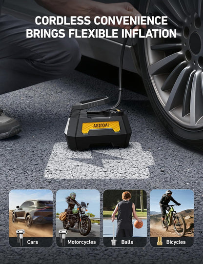 AstroAI H2 Pro Cordless Tire Inflator Portable Air Compressor Tire Pump with DC 12V & Battery Dual Power Supply Digital Pressure Gauge Fast Inflation Air Pump for Car Tires Motorcycles Bikes Yellow