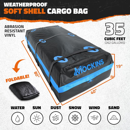 Mockins 35 Cu Ft XL All-Weather Car Rooftop Cargo Carrier Bag 80"x40"x19" | Vehicle Soft-Shell Carriers for Vehicles With or Without Roof Racks | Secure Luggage Bag for Car Roof Storage & Accessories