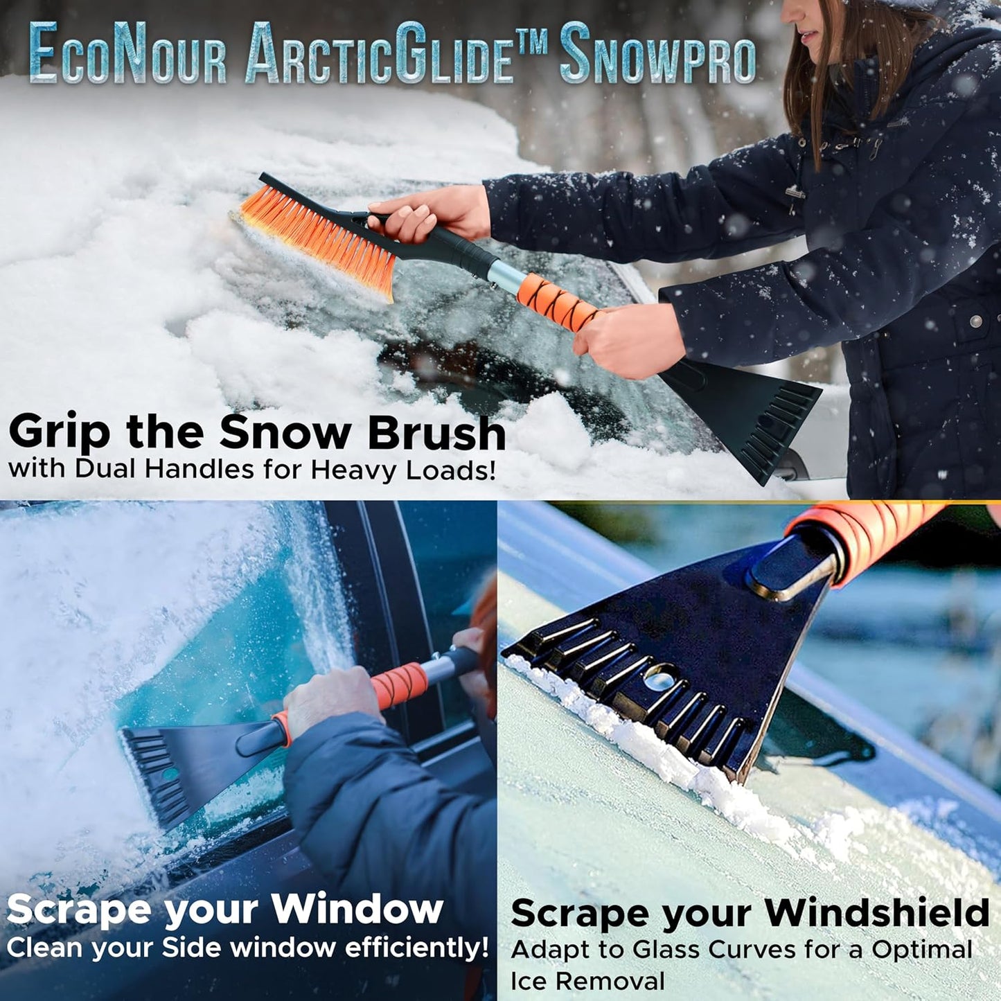 EcoNour 27" Car Snow Brush and Ice Scrapers for Car Windshield (2 Pack) | Scratch Free Bristle Head Snow Brush & Tough Window Snow Scraper with Aluminium Body | Snow Removal Winter Car Accessories