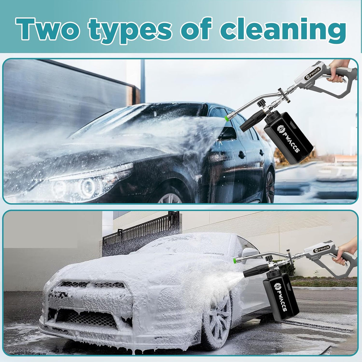 PWACCS Pressure Washer Foam Gun with Dual Connector Accessory, Short Power Washer Gun Foam Cannon and Double Tip Attachment Car Wash Kit, 1/4" Quick Connector, M22 Male Inlet, 4000 PSI, 1.5 Liter