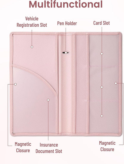 Yarnic Car Registration and Insurance Holder, Pu Leather Car Registration and Insurance Card Holder Car Document Holder for Cards, Essential Document, Driver License (Pink)