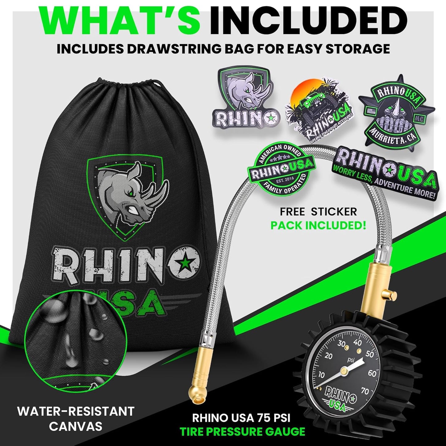 Rhino USA Heavy Duty Tire Pressure Gauge (0-75 PSI) - Certified ANSI B40.1 Accurate, Large 2" Easy Read Glow Dial, Premium Braided Hose, Solid Brass Hardware, Best for Any Car, Truck, Motorcycle, RV