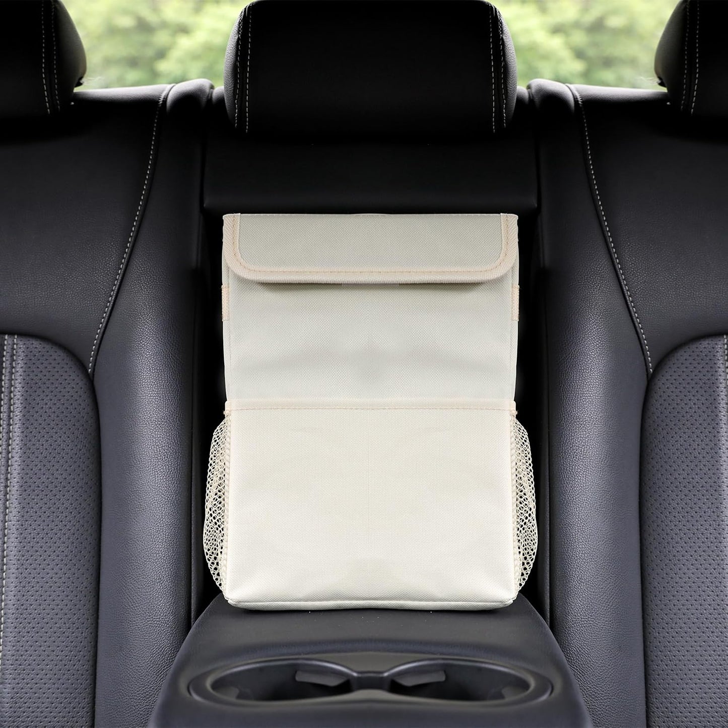 AOKJOY Car Garbage can with lid Leak Proof Vehicle Trash Can 3 Storage Pockets Hanging Waterproof car Trash Bag for SUV Beige