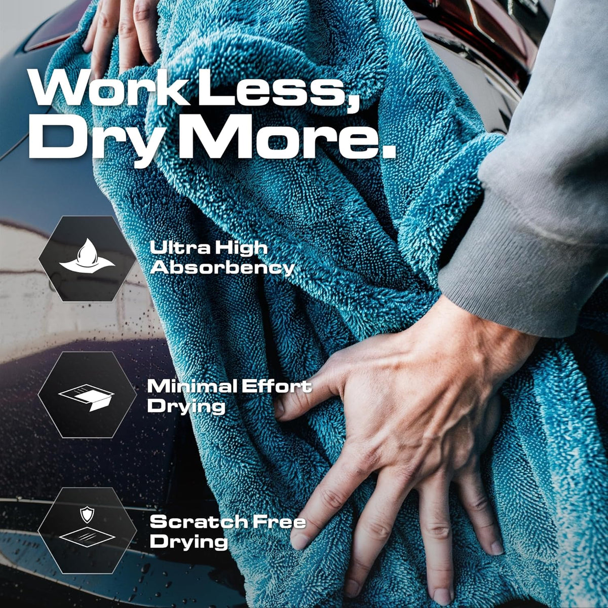 Blackline 24"x36" Twisted-Loop Car Drying Towel, 1300GSM, Streak Free, Lint Free, Reusable - Car Accessories, Microfiber Cleaning Cloth for Car, Truck, SUV - One Pass is All You Need